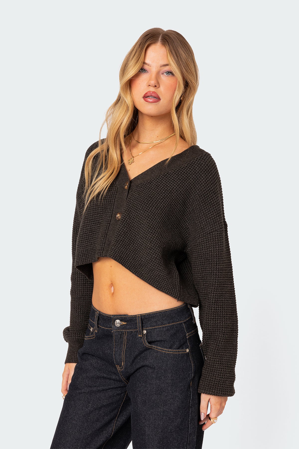 Oversized Waffle Knit Cropped Cardigan