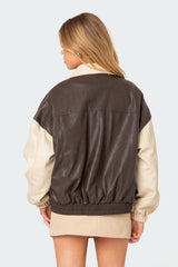 Two Tone Faux Leather Bomber Jacket