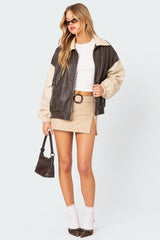 Two Tone Faux Leather Bomber Jacket