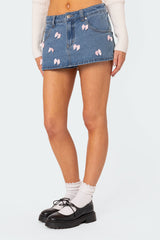 Alivia Satin Effect Bow Denim Micro Skort