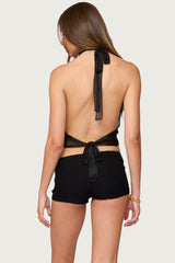 Shiny Knit Cowl Neck Backless Top