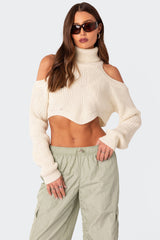 Asymmetric Cropped Open Shoulder Turtle Neck Sweater