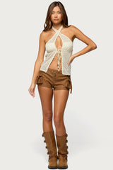 Sheer Net Sequin Split Front Top
