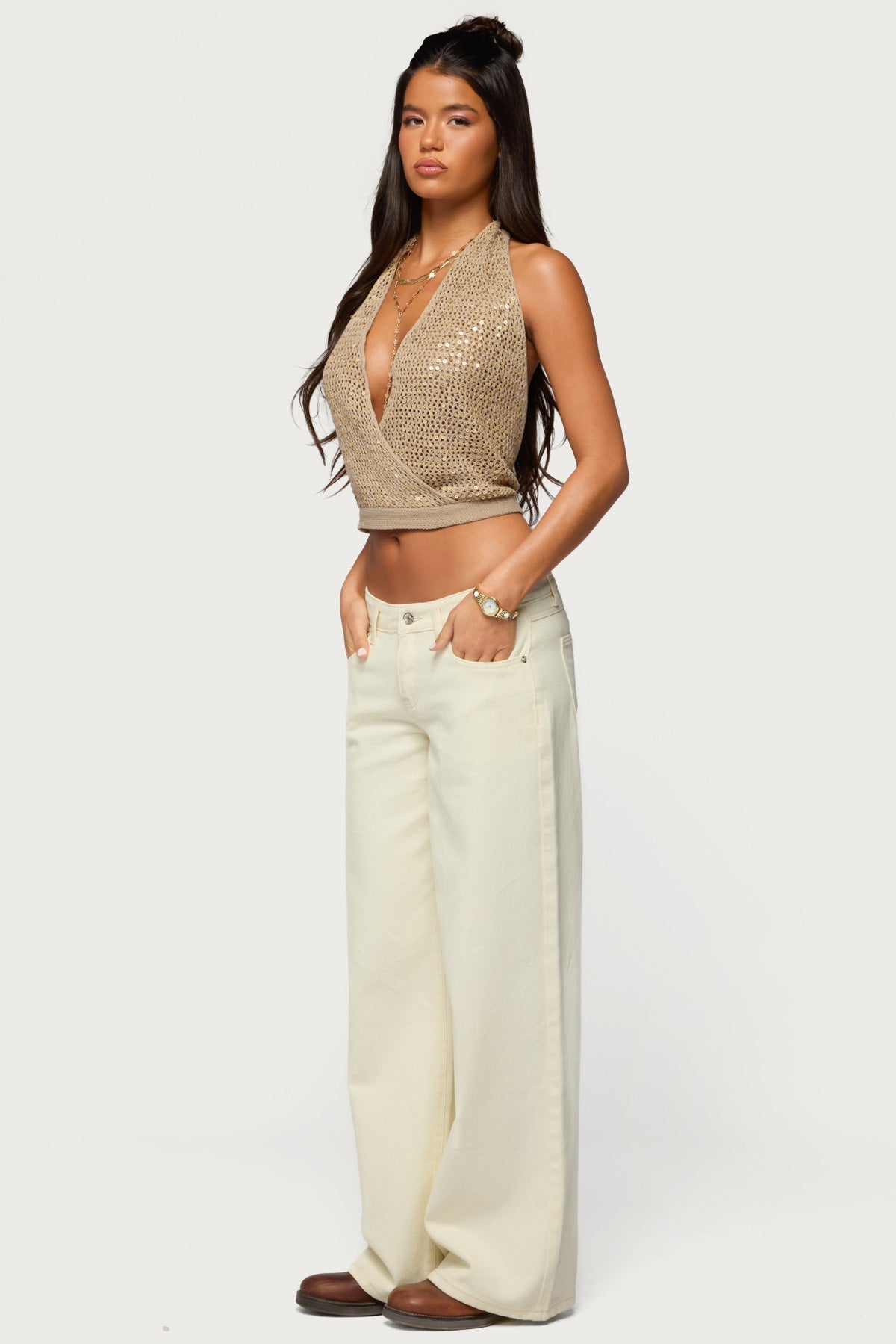 Sequin Crochet Backless Halter Top