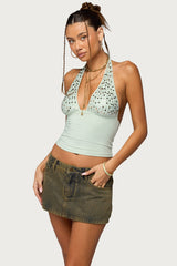 Sequin Plunge Neck Halter Top