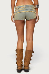 Alyza Distressed Belt Washed Denim Micro Shorts