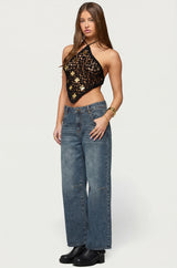 Gold Mirror Backless Crochet Halter Top