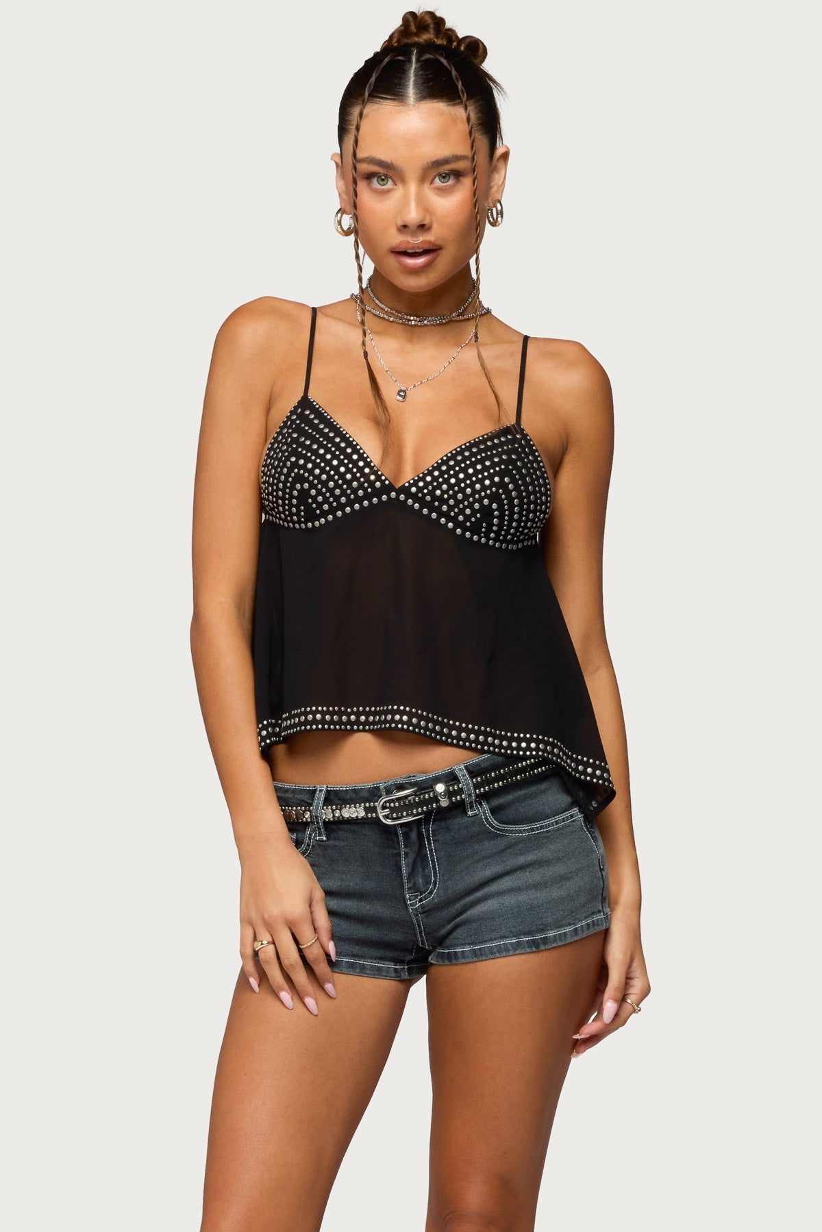 Studded Asymmetric Sheer Babydoll Top