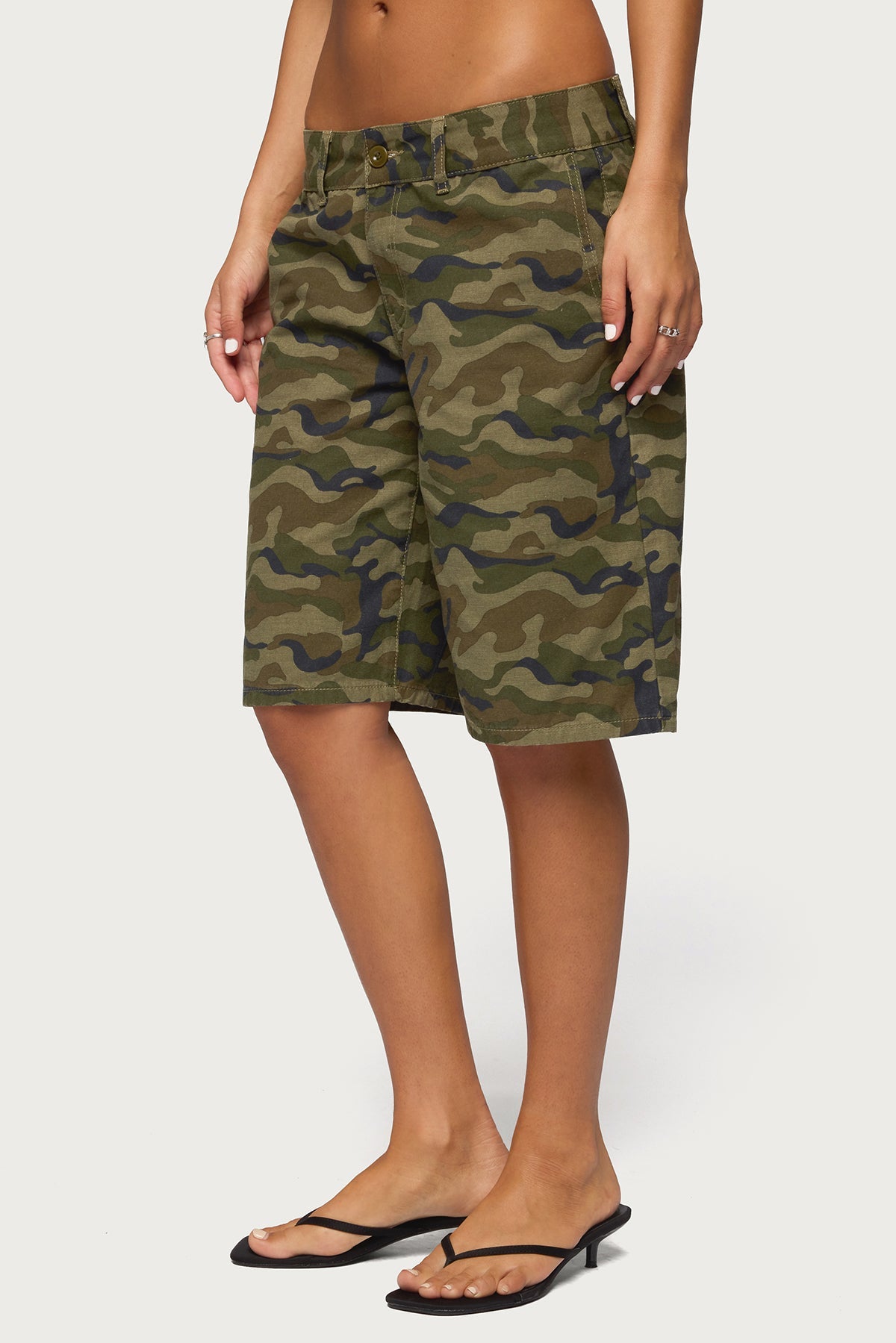 Camo Denim Low Rise Bermuda Shorts