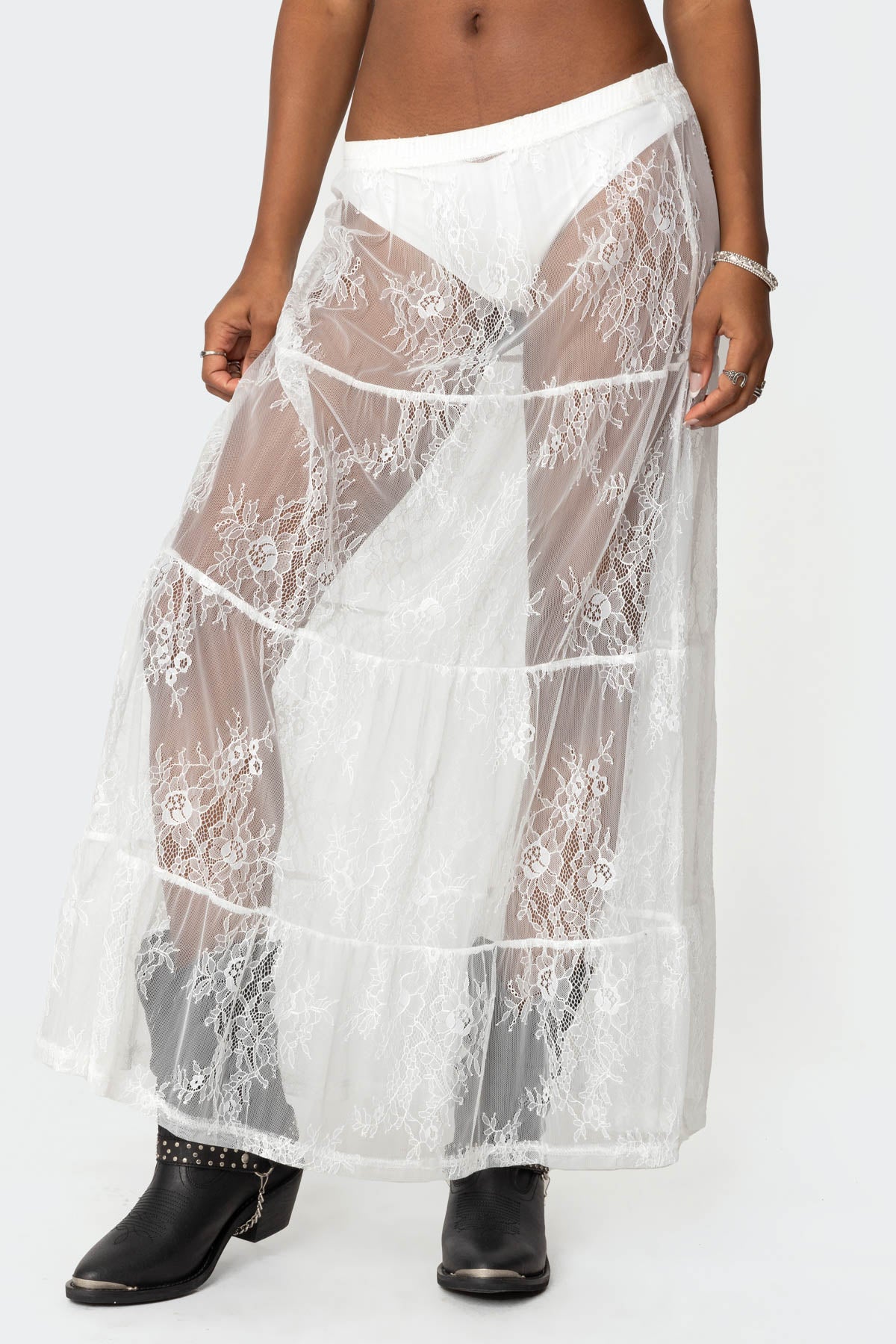 Tiered Sheer Lace Maxi Skirt