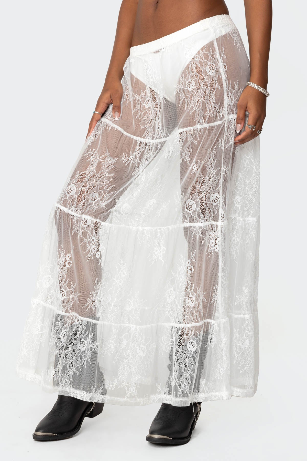 Tiered Sheer Lace Maxi Skirt