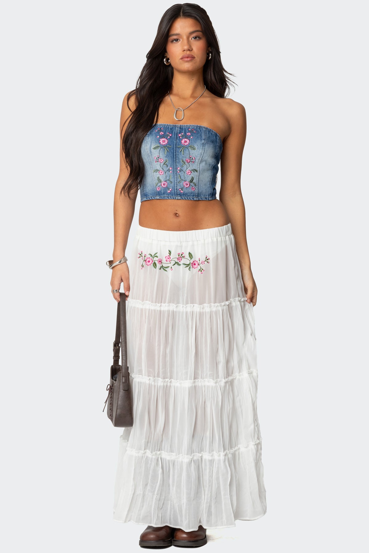 Tai Embroidered Tiered Maxi Skirt