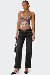 Leopard Mesh Asymmetric Halter Top