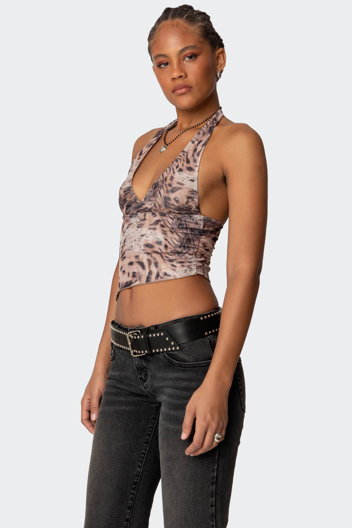 Leopard Mesh Asymmetric Halter Top