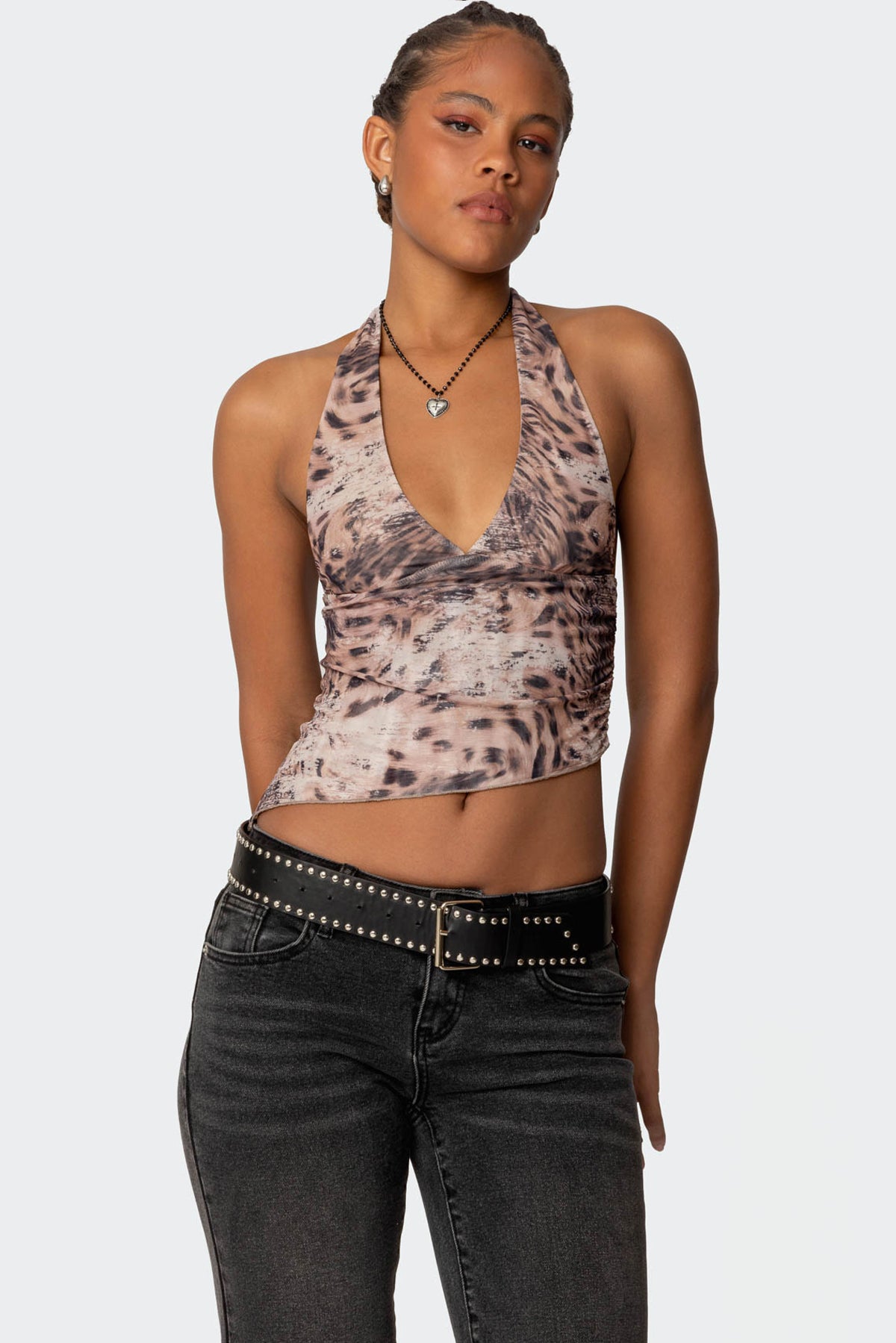 Leopard Mesh Asymmetric Halter Top