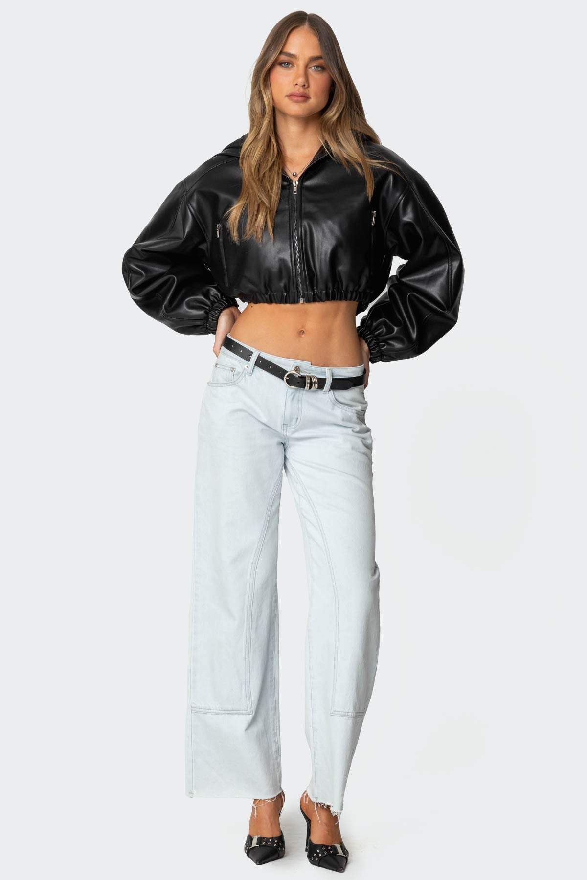 Hooded Faux Leather Cropped Jacket