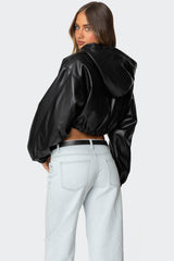 Hooded Faux Leather Cropped Jacket