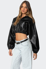 Hooded Faux Leather Cropped Jacket