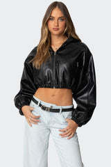 Hooded Faux Leather Cropped Jacket