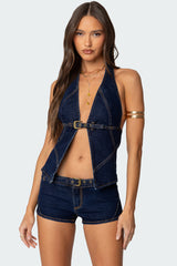 Ciel Split Front Denim Halter Top