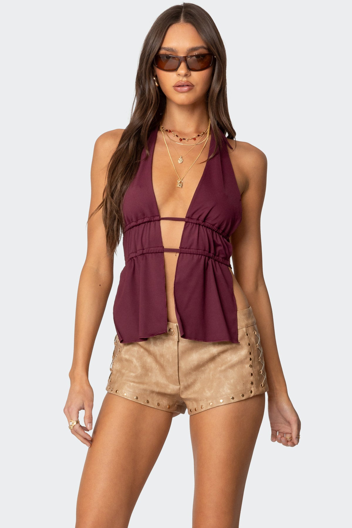 Nikole Split Front Backless Halter Top