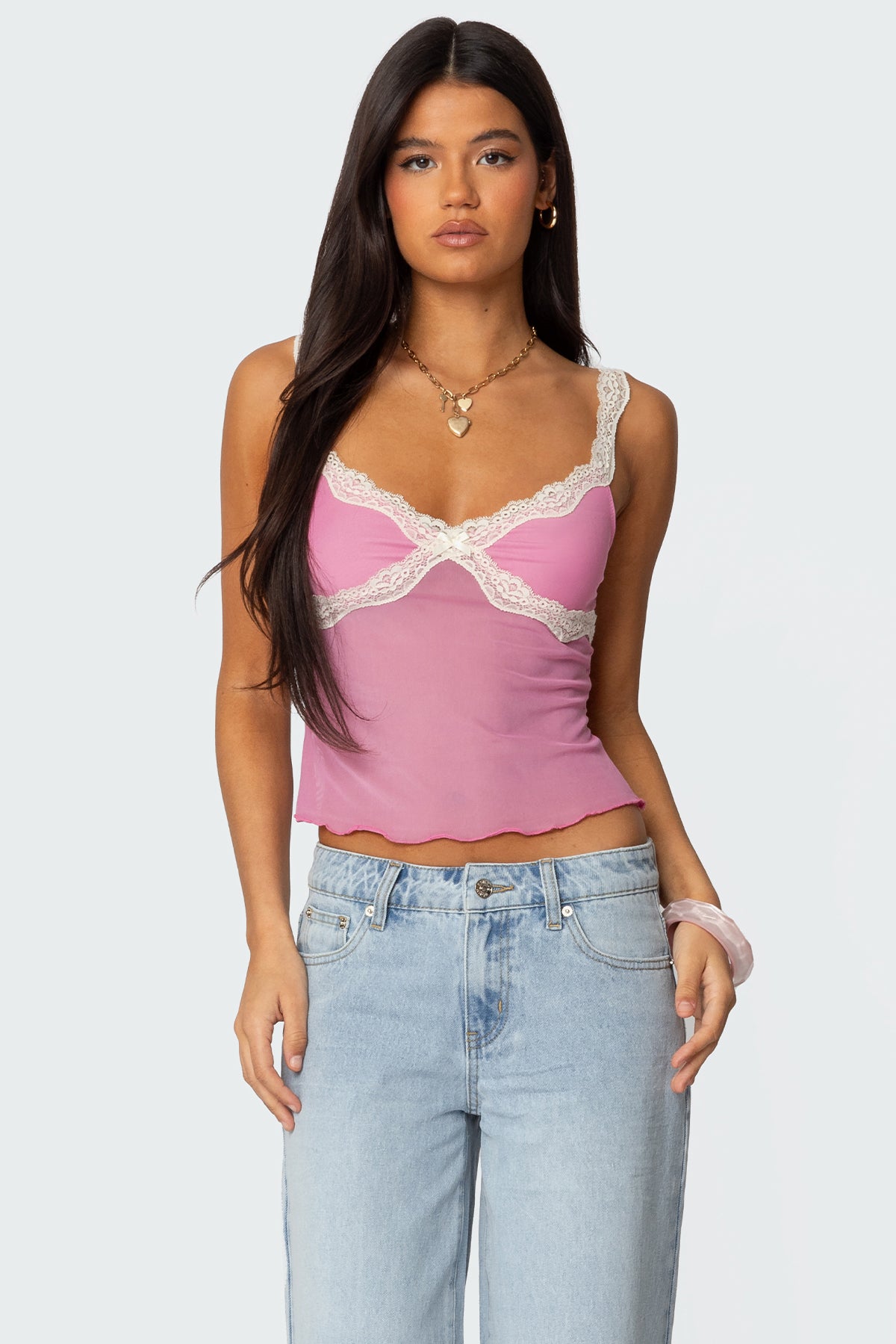 Contrast Lacey Mesh Tank Top