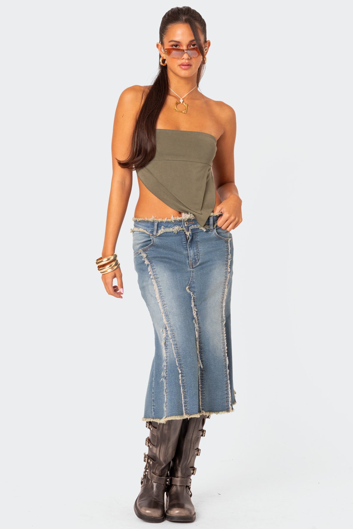 Arabella Distressed Denim Midi Skirt