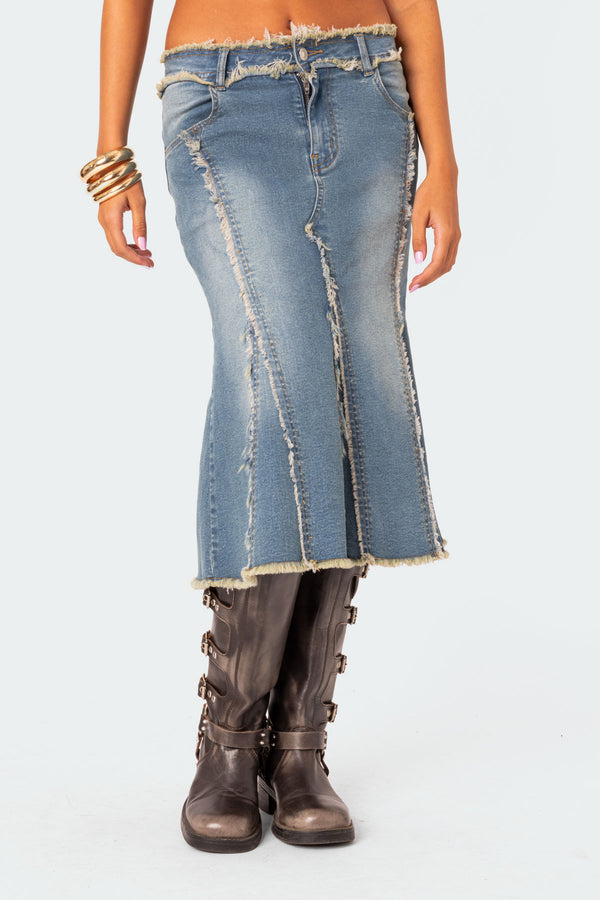 Arabella Distressed Denim Midi Skirt