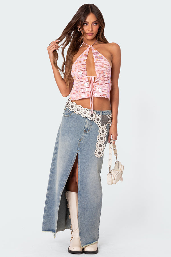 Sequin Crochet Open Back Top