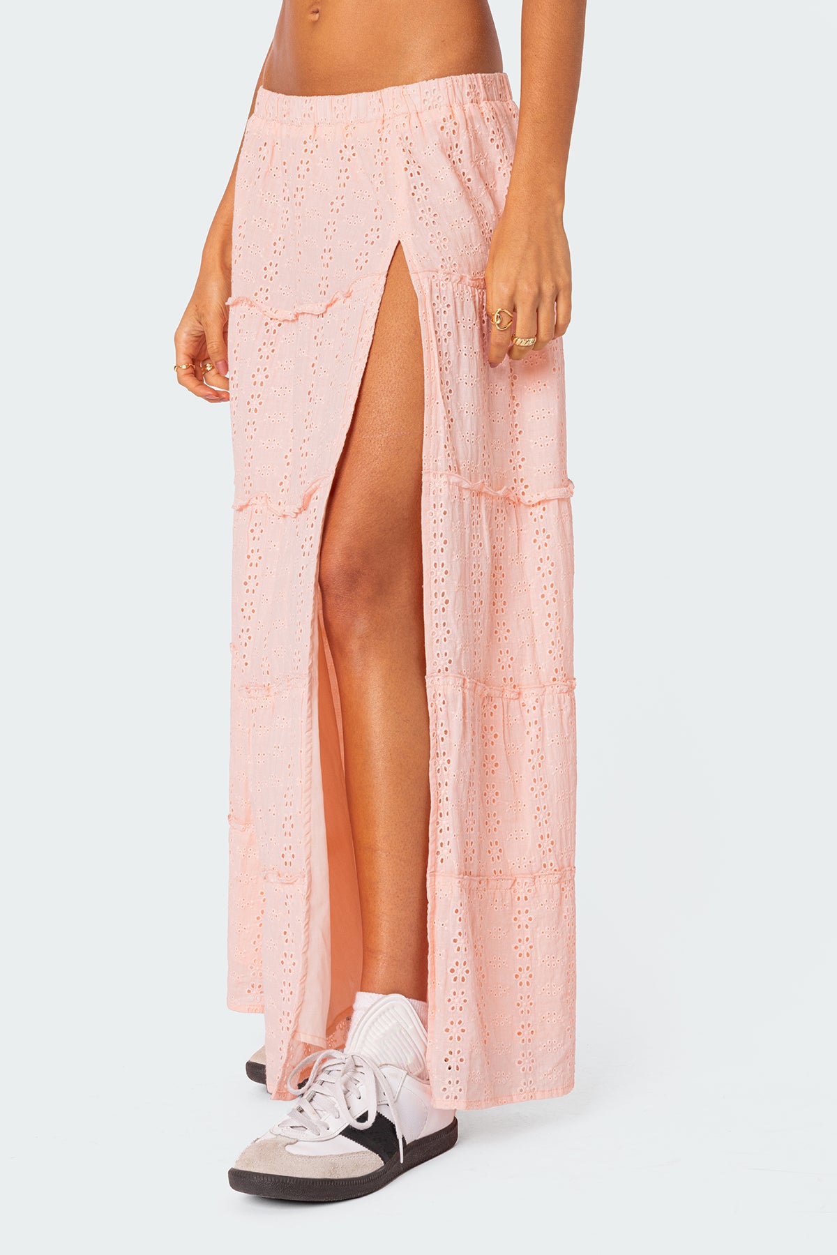 Tiered Eyelet Slitted Maxi Skirt