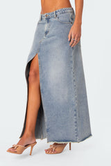 Front Slit Washed Denim Maxi Skirt