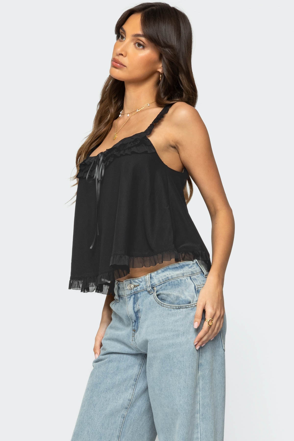 Ruffle Mesh Babydoll Tank Top