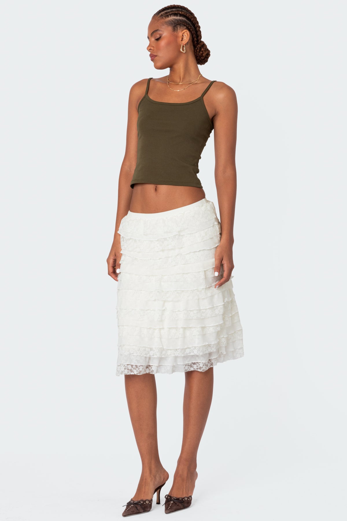 Louise Lace And Mesh Ruffle Midi Skirt