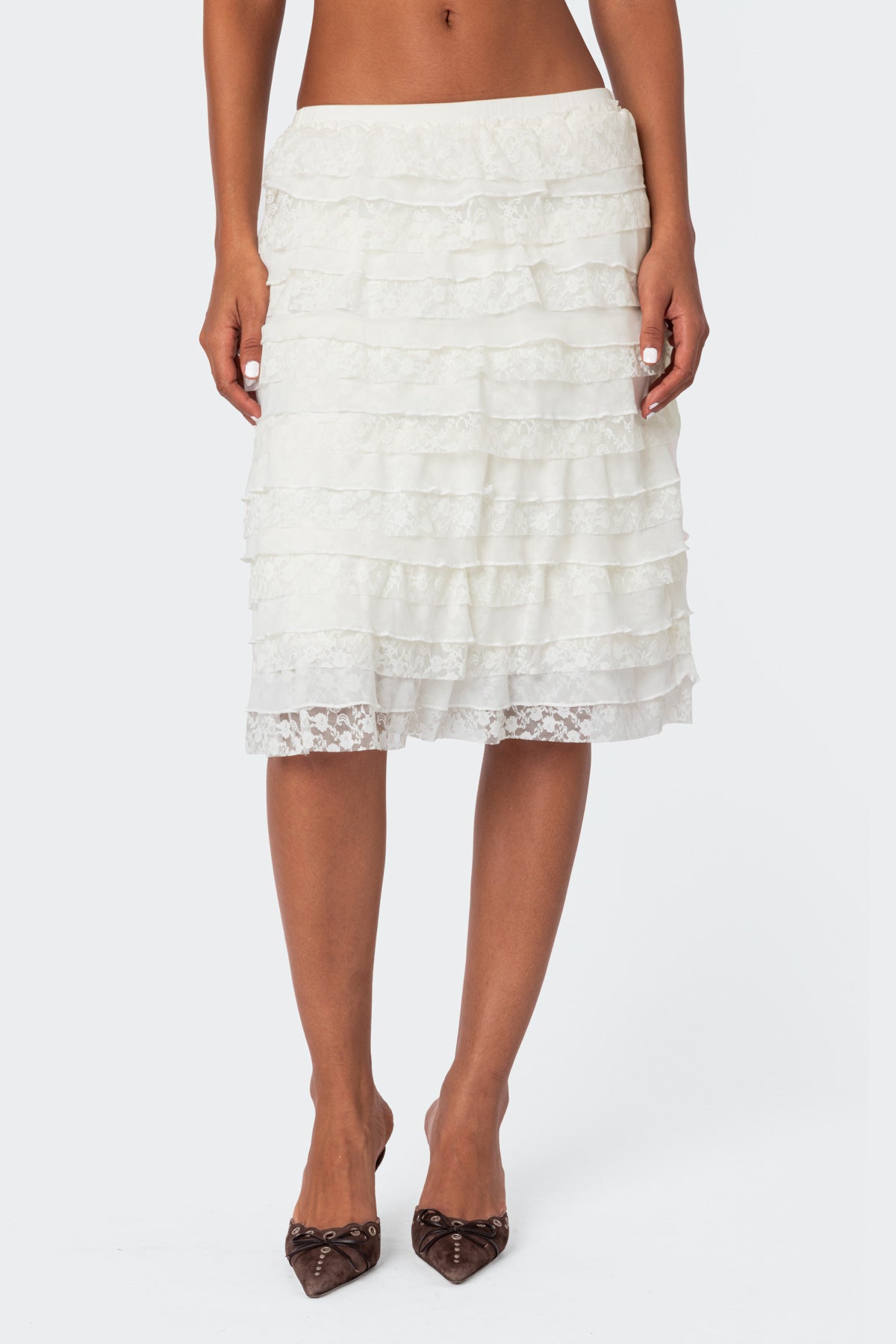 Louise Lace And Mesh Ruffle Midi Skirt