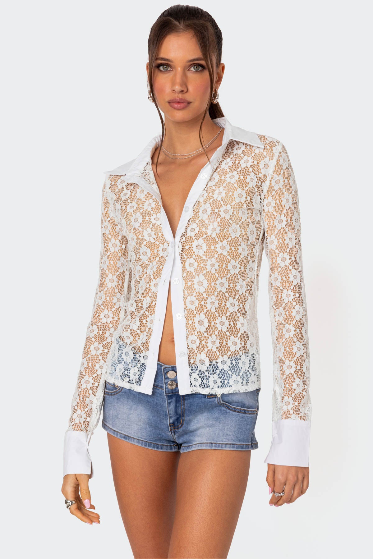 Cecilia Sheer Lace Button Up Shirt