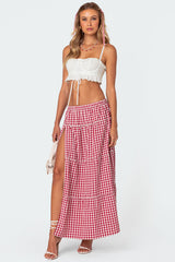 Gingham Side Slit Tiered Maxi Skirt