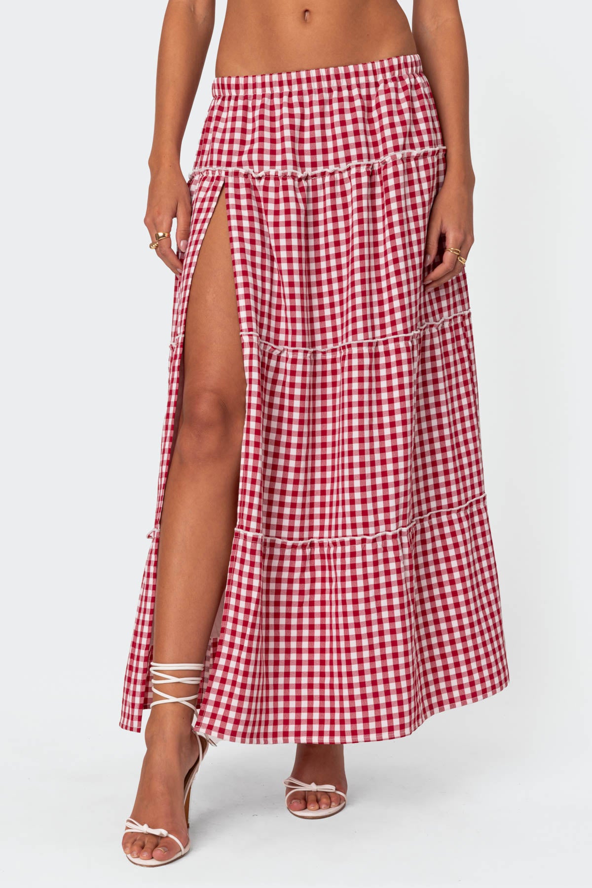 Gingham Side Slit Tiered Maxi Skirt