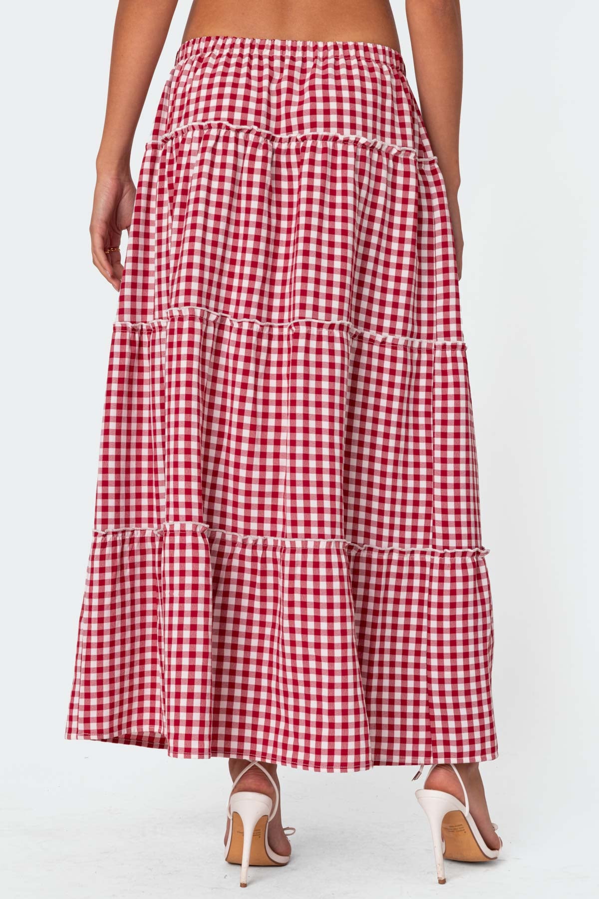 Gingham Side Slit Tiered Maxi Skirt