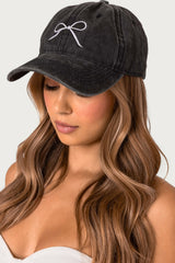 Embroidered Bow Washed Baseball Cap