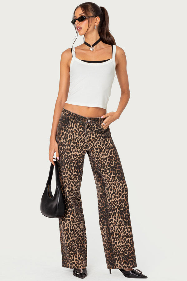 Leopard Printed Low Rise Baggy Jeans