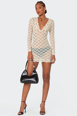 Beck Plunge Neck Sheer Lace Mini Dress