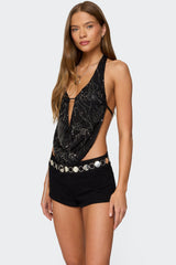 Beaded Chiffon Backless Cowl Neck Top