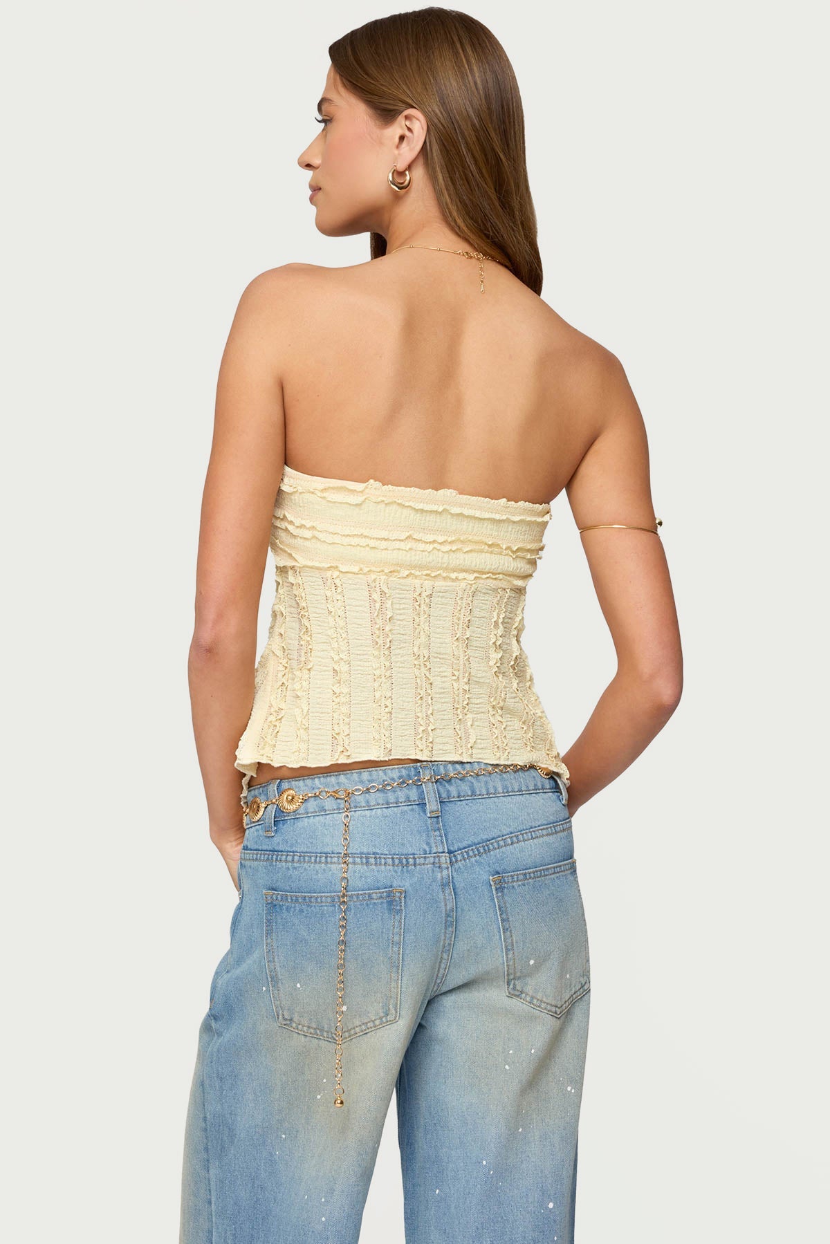 Textured Ruffle Split Front Strapless Top – edikted