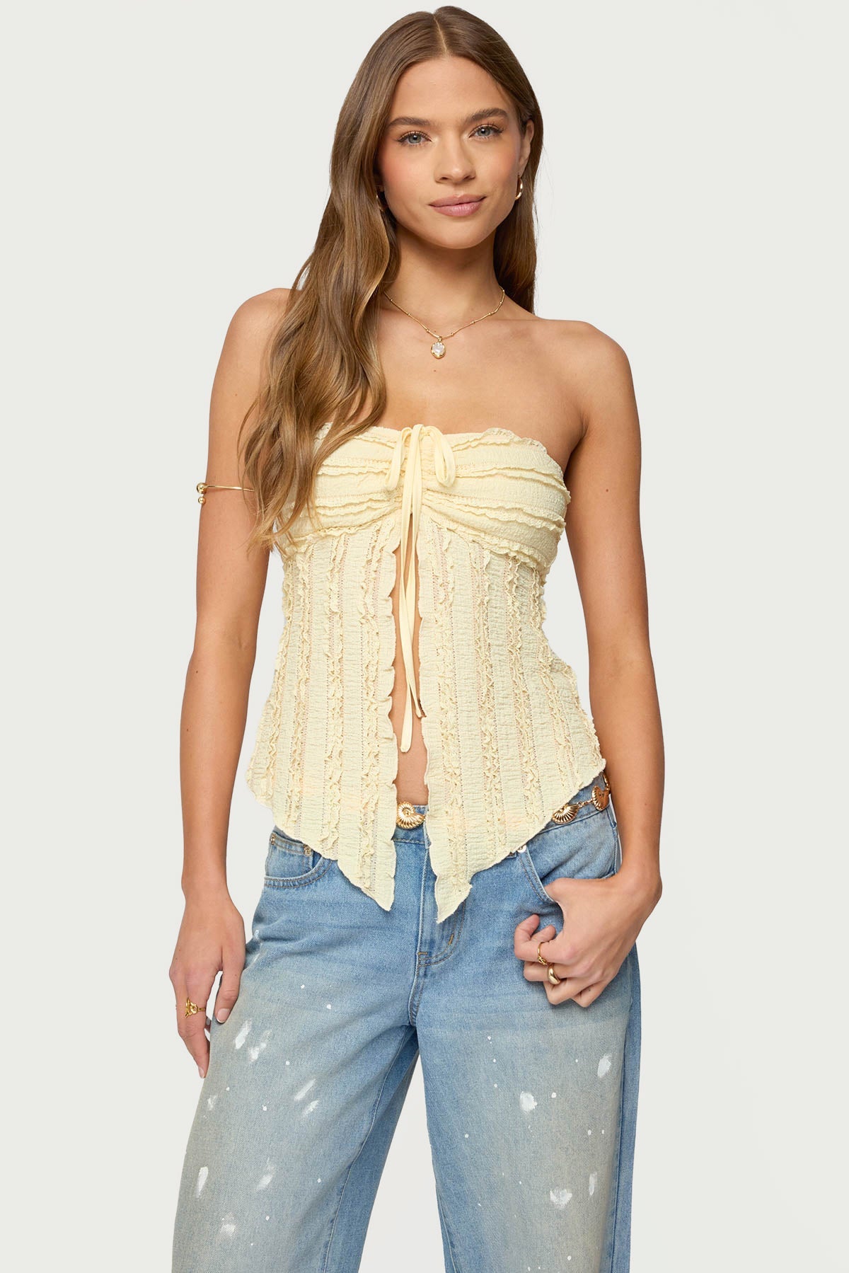 Textured Ruffle Split Front Strapless Top – edikted