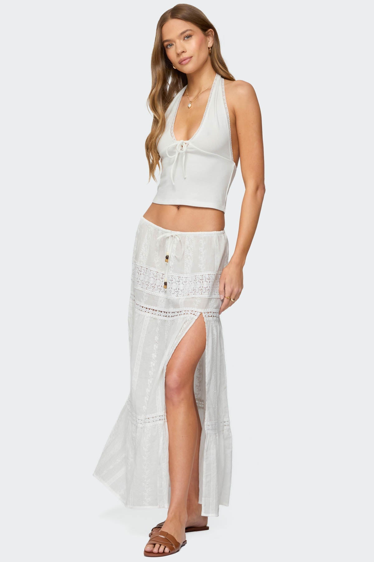 Embroidered Cotton Lace Slitted Maxi Skirt