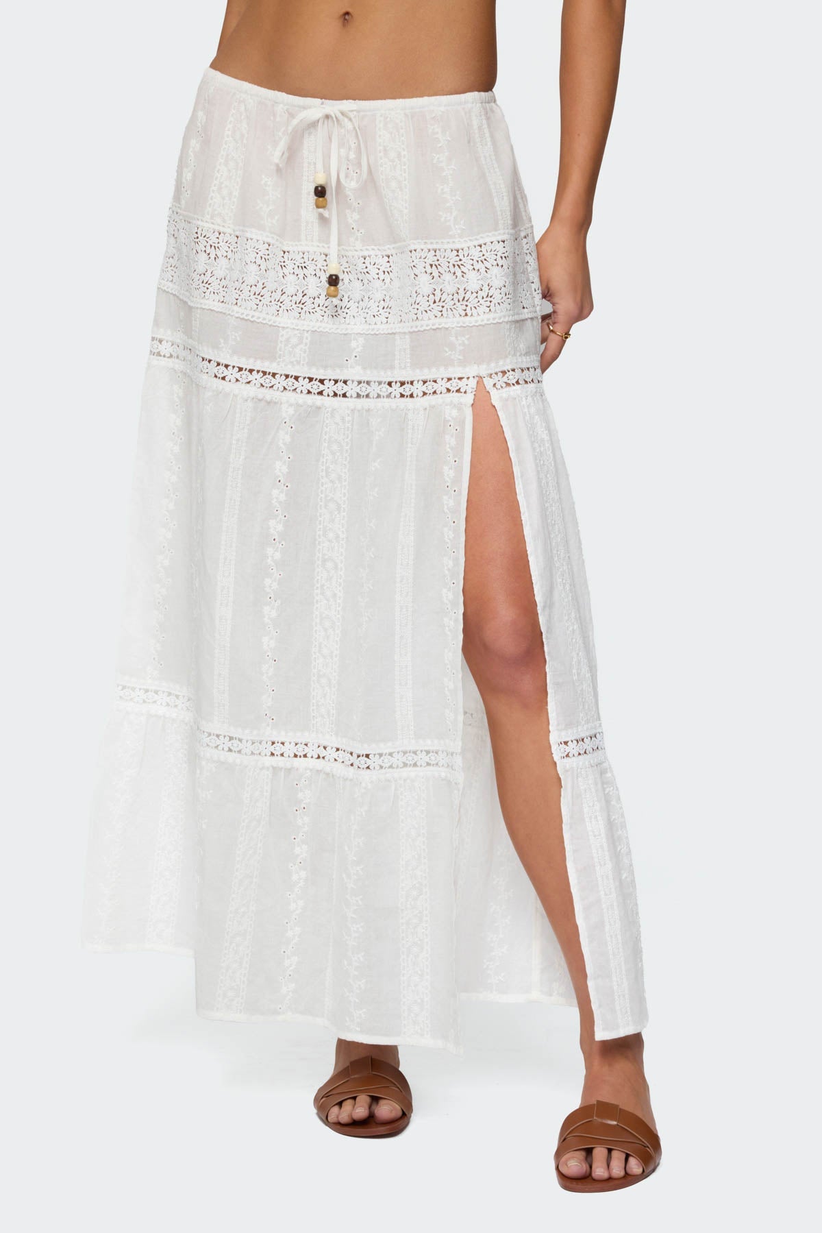 Embroidered Cotton Lace Slitted Maxi Skirt