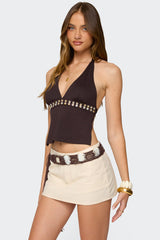 Pearlsy Button Backless Halter Top