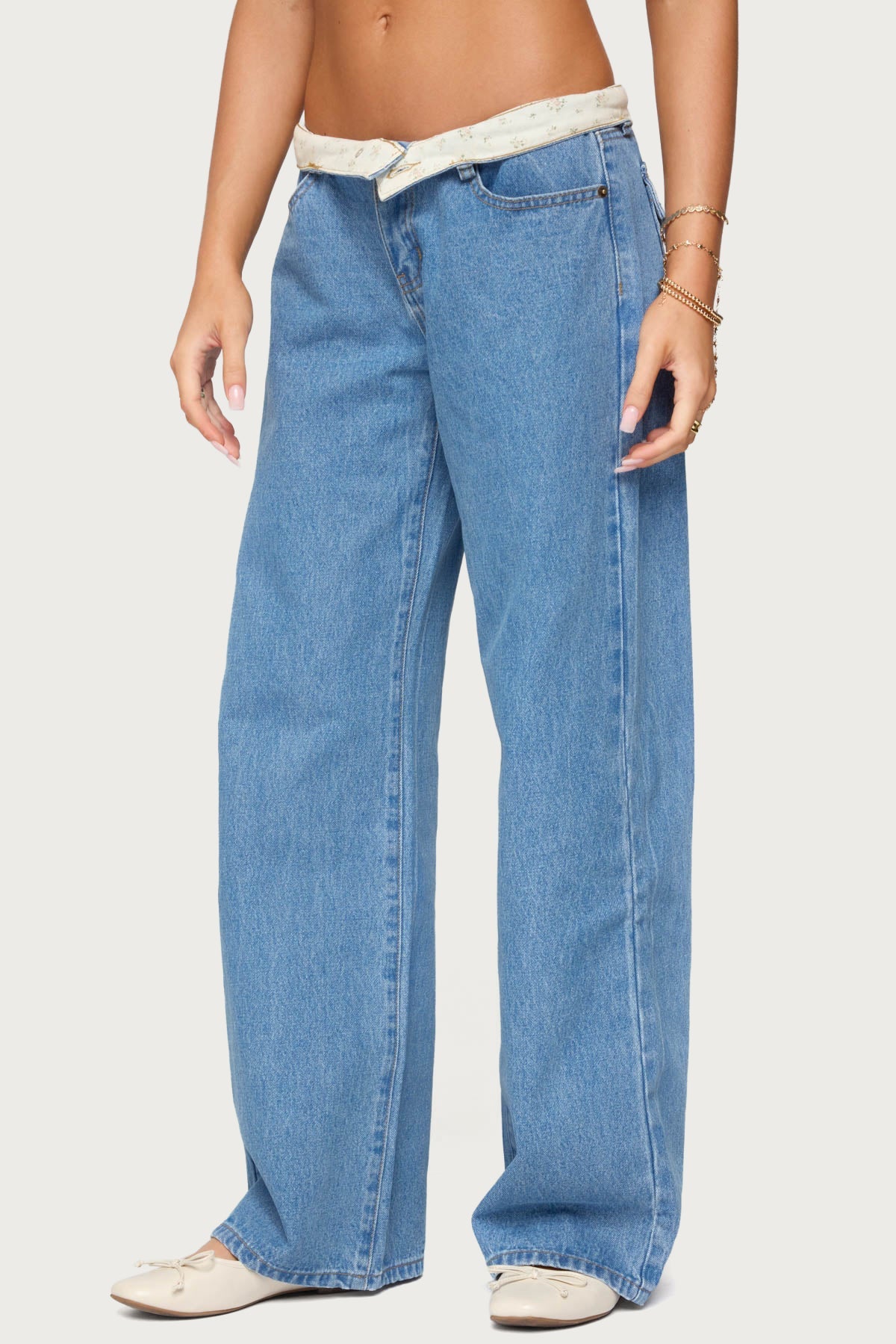 Floral Foldover Low Rise Baggy Jeans
