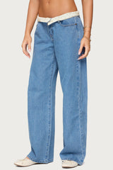 Floral Foldover Low Rise Baggy Jeans
