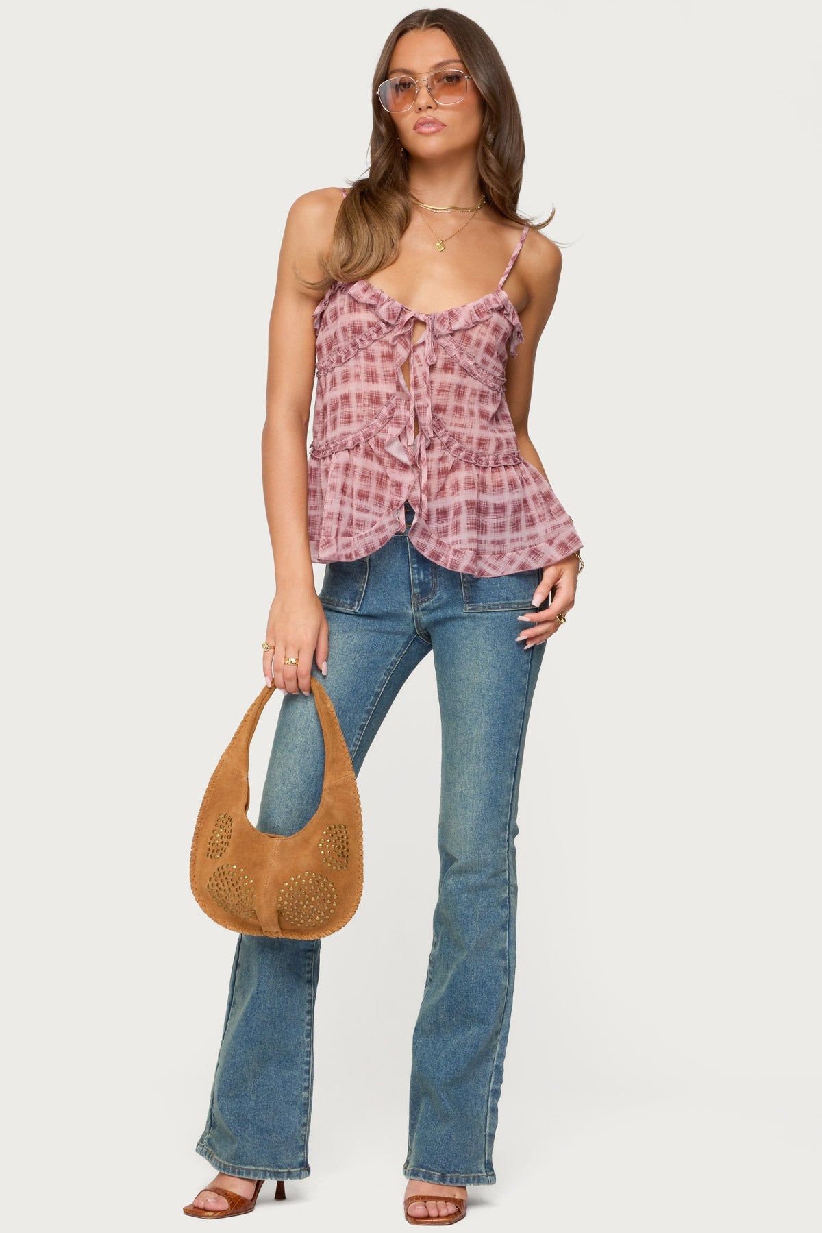 Chiffon Printed Tie Front Ruffle Top